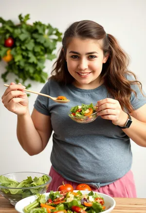 Happy brunette woman holding fresh food with smile