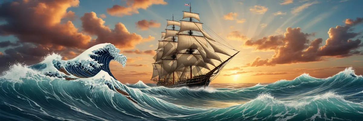 Picture of Pirate ship at sunset on the ocean