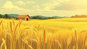 Yellow wheat field under sunny summer sky.