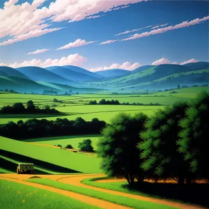 Serene Countryside with Rolling Hills and Sunny Skies