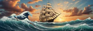Pirate ship at sunset on the ocean