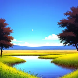 Golden Horizon: Reflections of a Summer Sunset over Meadow & Sea