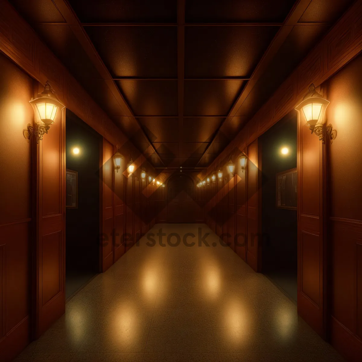 Picture of Column-lit architectural basement hallway with tunnel-like corridor