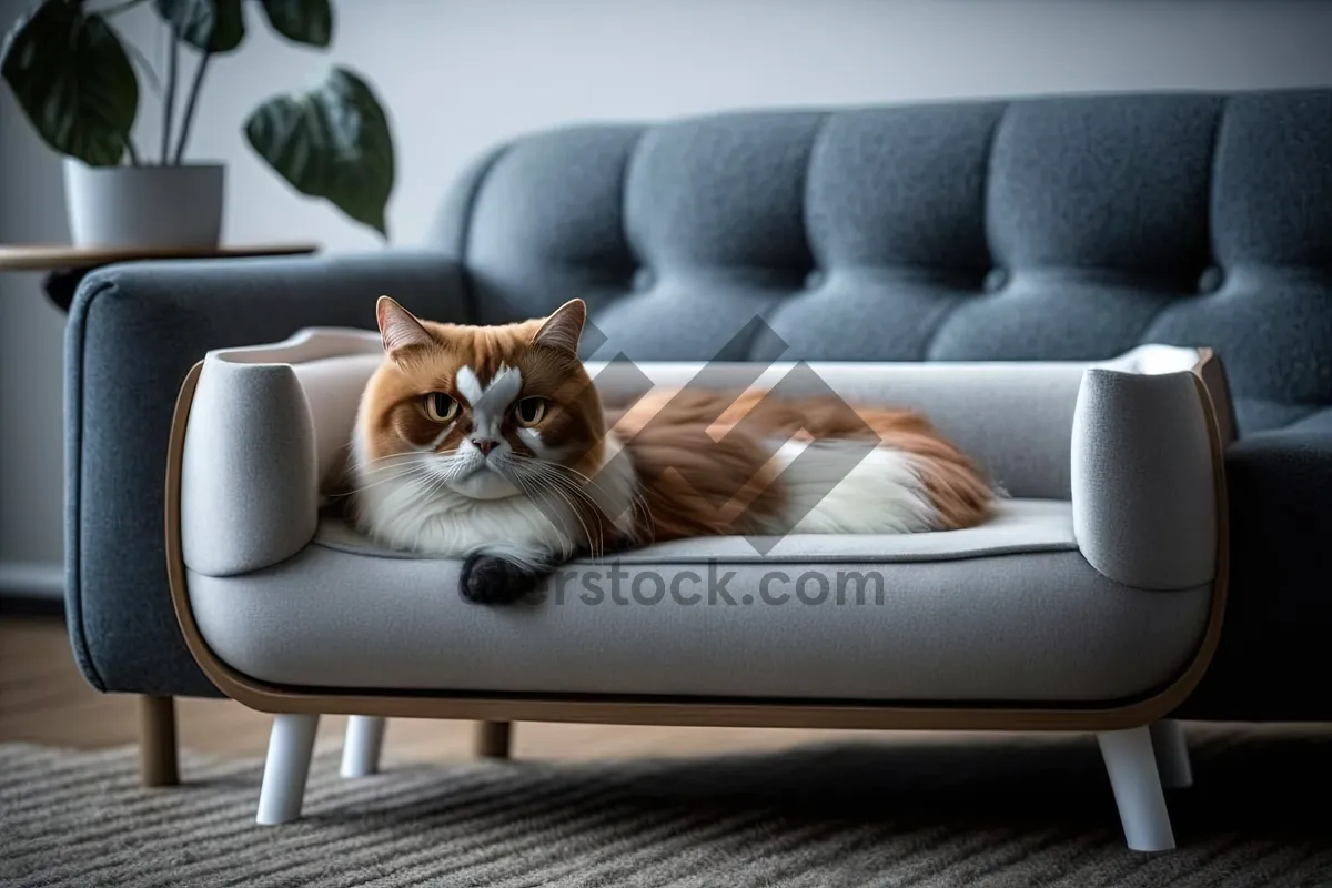 Picture of Cute Kitty Resting on Fluffy Sofa Pillow