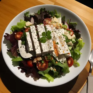 Gourmet grilled beef salad with fresh vegetables and sauce.