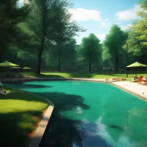 Resort golf course with picturesque landscape and swimming pool
