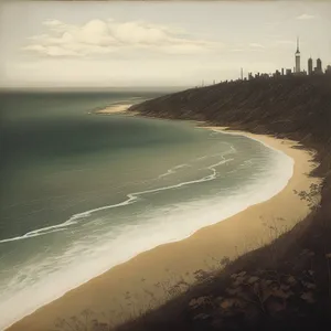 Serene Coastal Horizon with Majestic Mountains