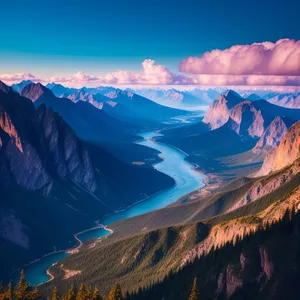 Grand Mountain Valley Landscape with Serene Lake