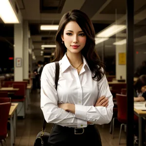 Attractive brunette businesswoman smiling in corporate office.