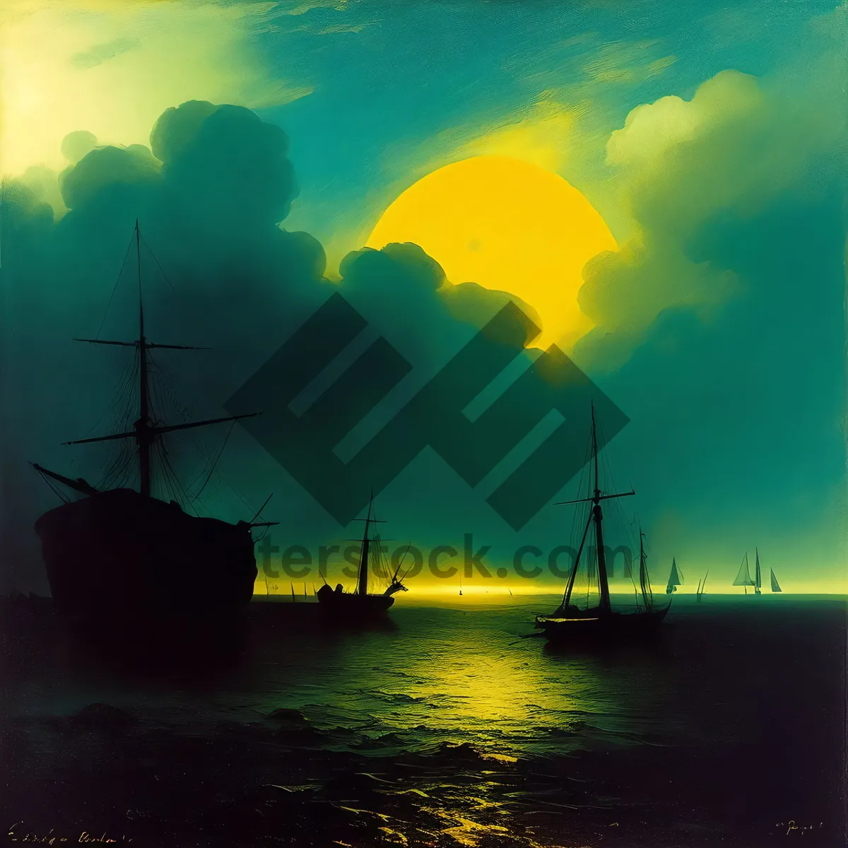 Picture of Sunset Silhouette on Electric Sea: Towering Ship with Power