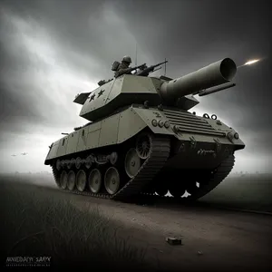 Armored Tank Firing High-Angle Cannon in Blue Sky