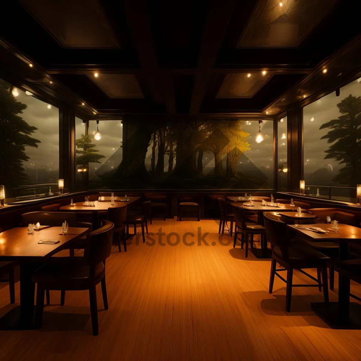 Picture of Modern restaurant interior design with empty dining chairs