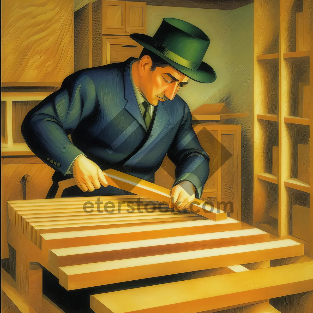 Picture of Skilled Carpenter Studying with Marimba and Laptop