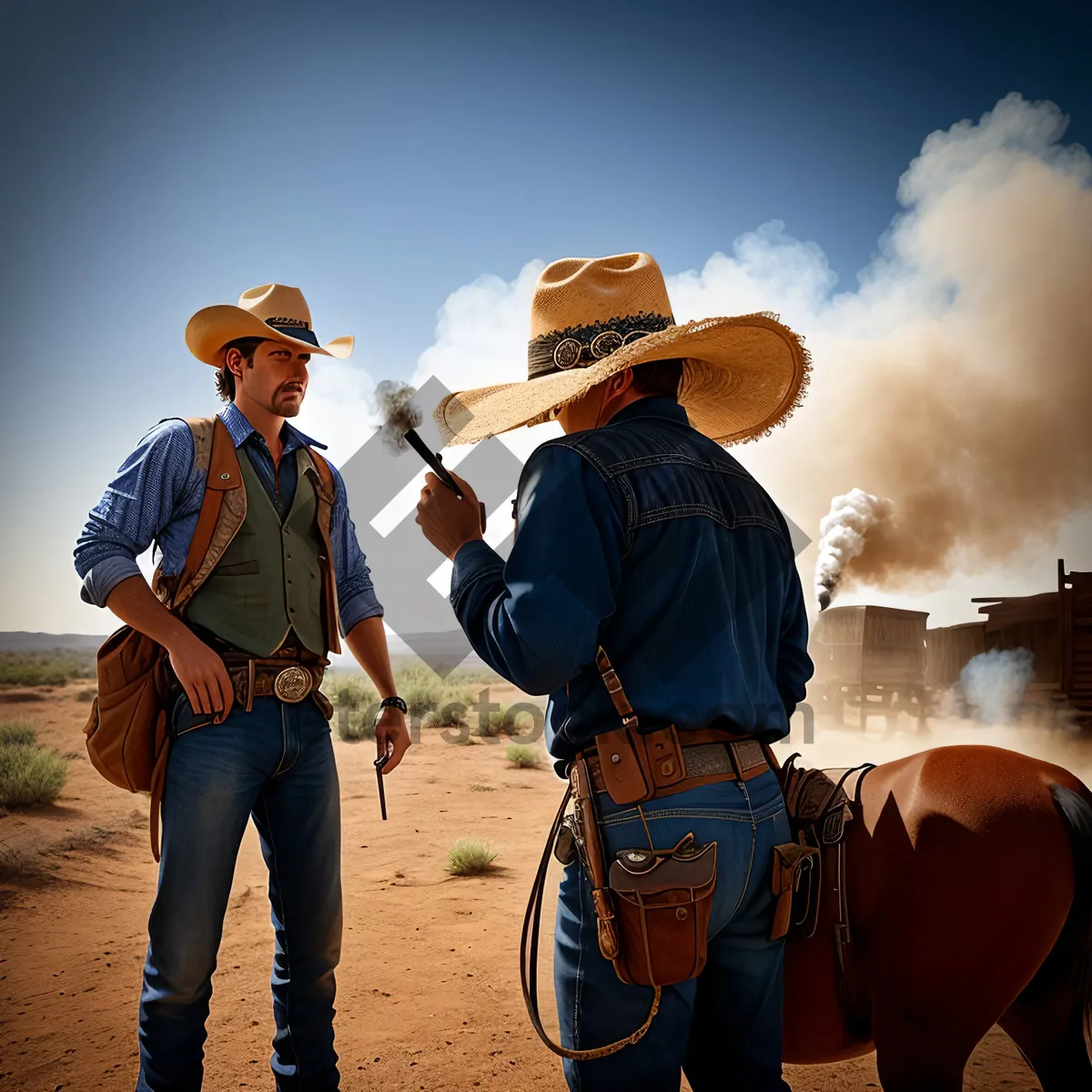 Picture of Smiling Cowboy Couple Outdoors with Hats