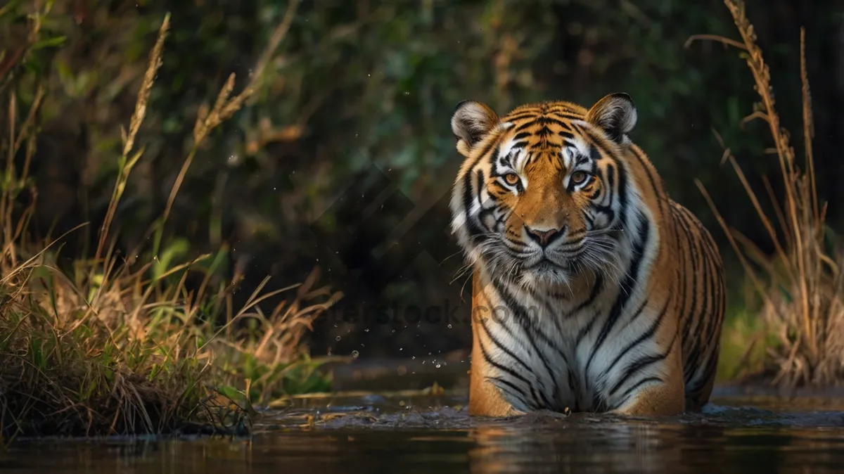 Picture of Fierce tiger in the jungle with stripes and whiskers.