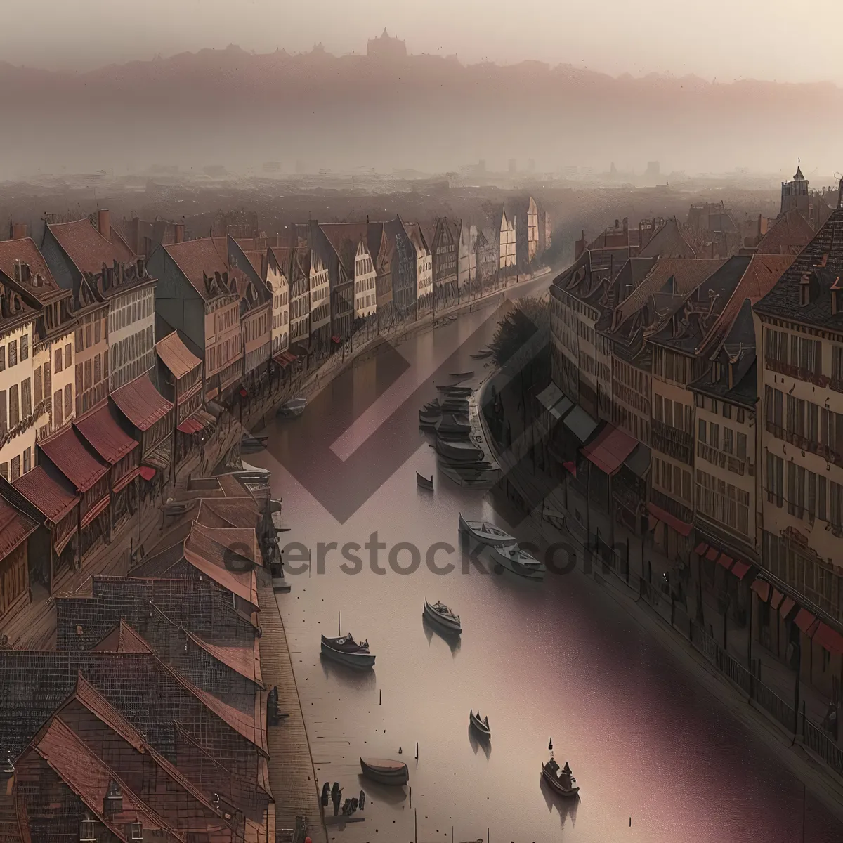 Picture of Cityscape Reflection on River with Steel Arch Bridge