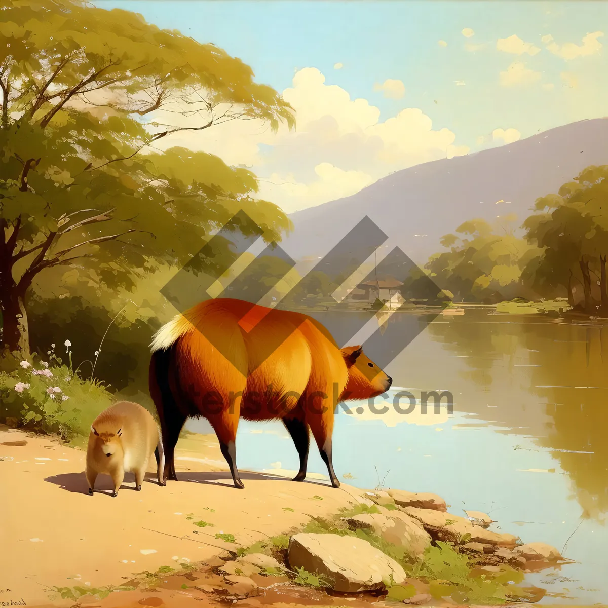 Picture of Idyllic rural landscape with horses grazing in a meadow