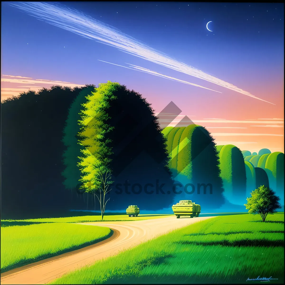 Picture of Serene Countryside Meadow Under a Blue Sky