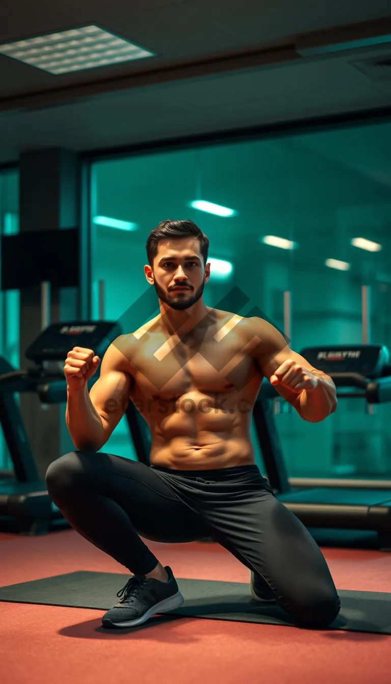 Picture of Muscular man posing with powerful physique in gym