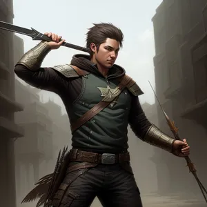 Male golfer wielding a powerful sword.