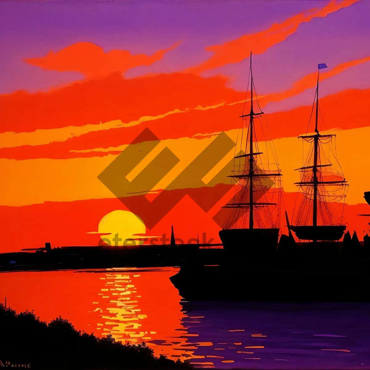 Picture of Pirate ship sailing under dramatic sunset sky