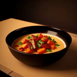 Delicious Tomato Soup with Fresh Vegetables and Grilled Meat