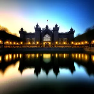 Night view of majestic city palace by the river