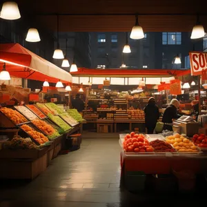 Marketplace counter with a variety of food items.