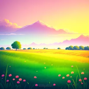 Vibrant countryside sunset over lush meadow