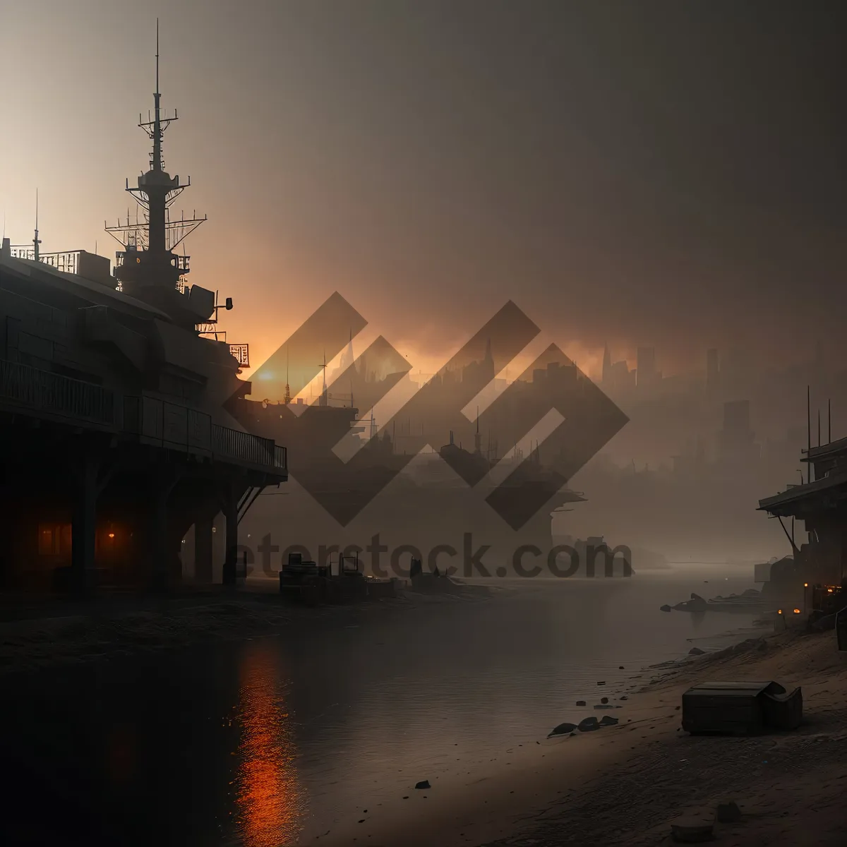 Picture of Spectacular Sunset Over Majestic Warship in Harbor