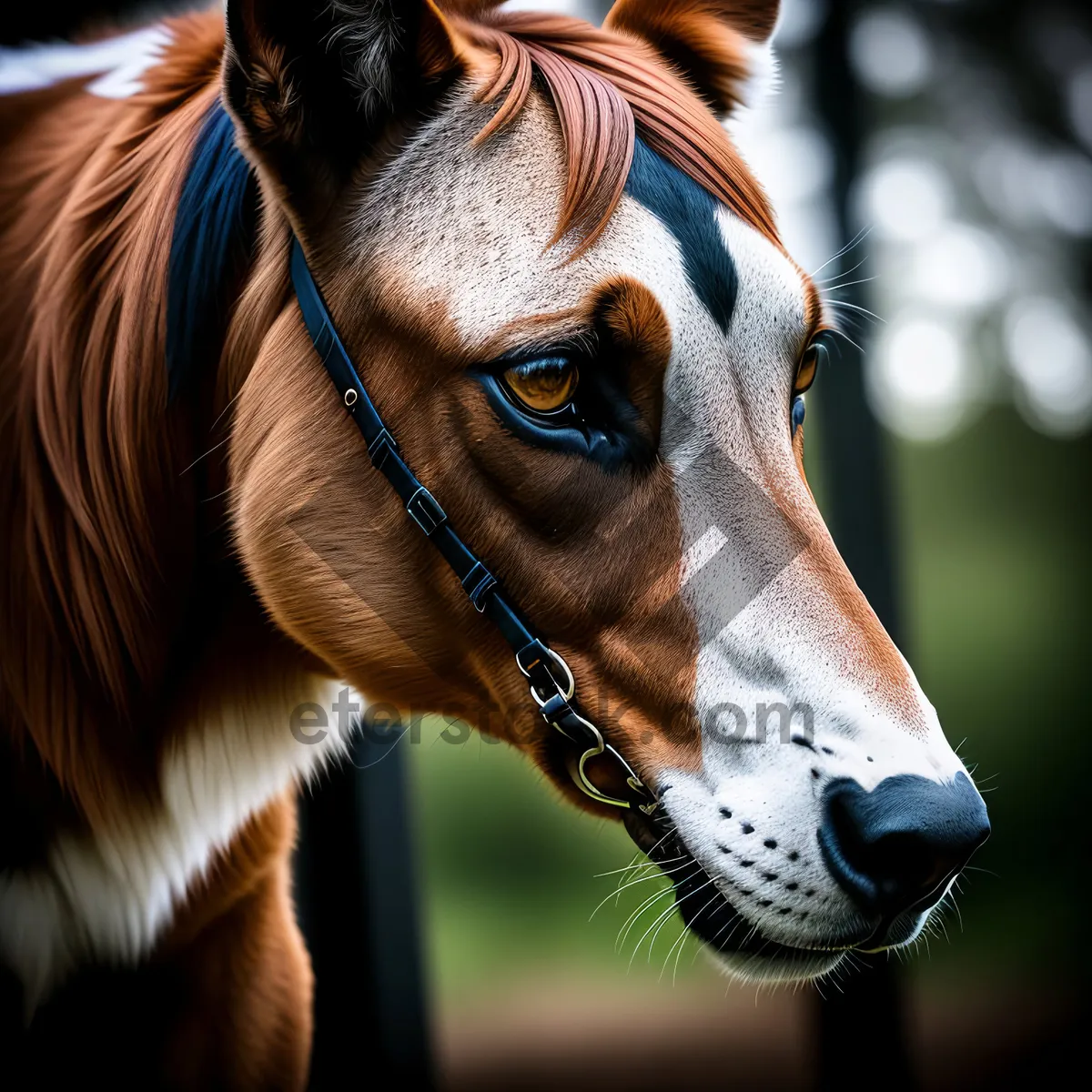 Picture of Beautiful brown thoroughbred horse wearing a bridle