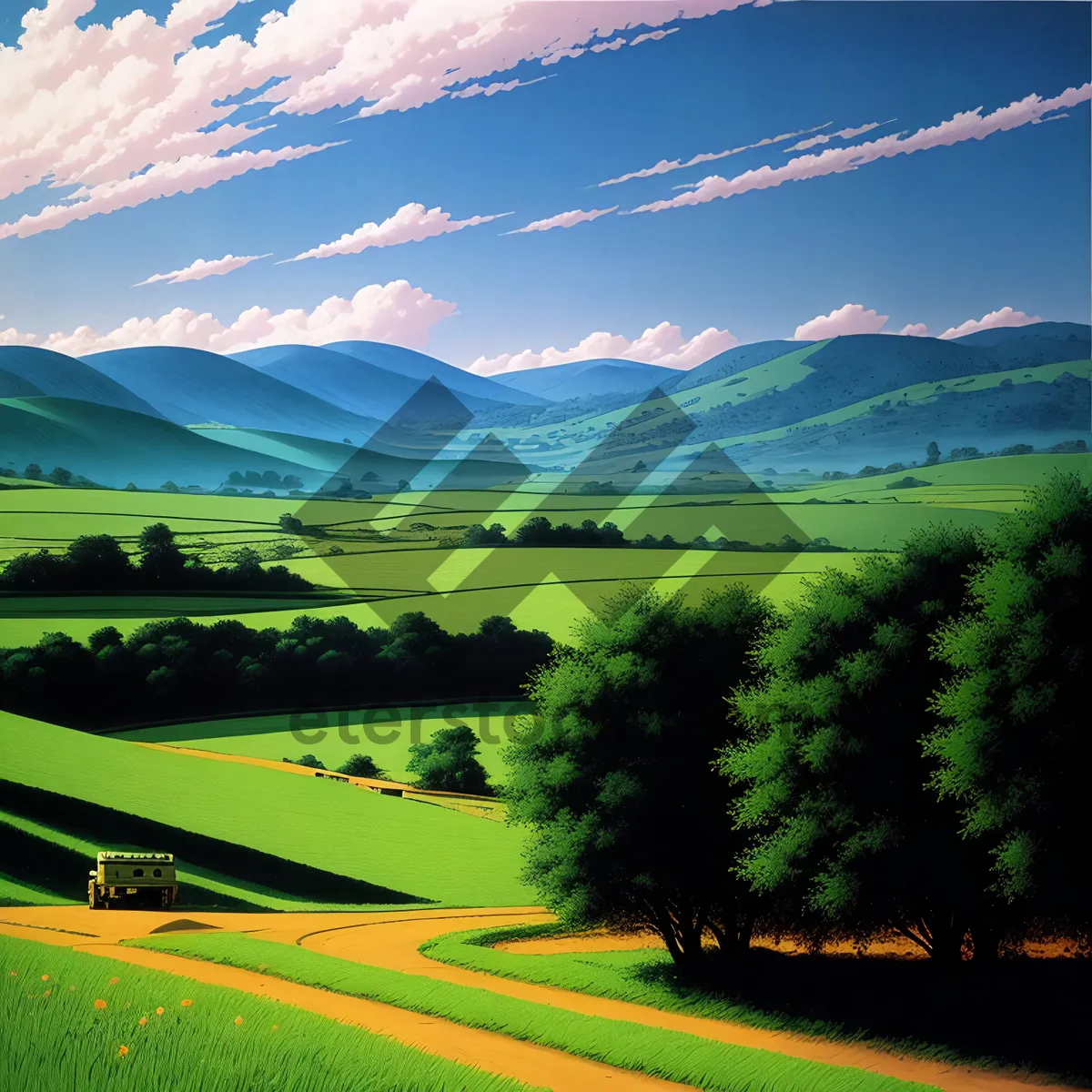 Picture of Serene Countryside with Rolling Hills and Sunny Skies
