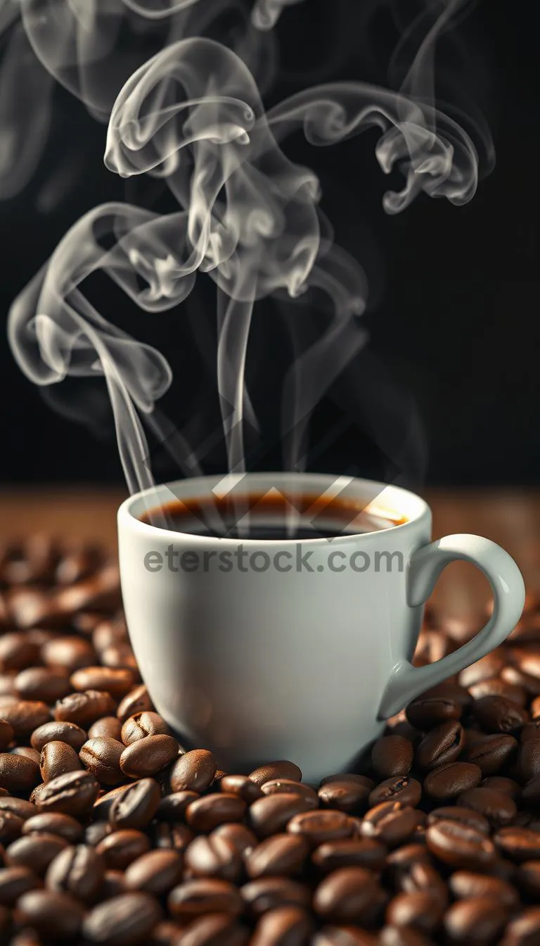 Picture of Steaming cup of freshly brewed espresso on saucer.