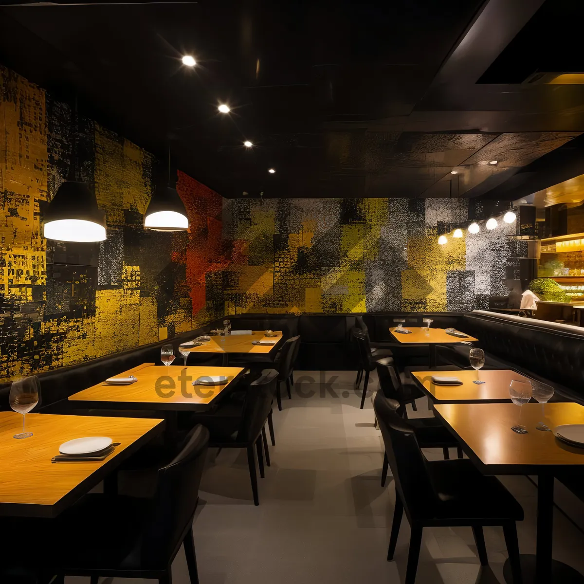 Picture of Modern restaurant interior with stylish design and lighting.