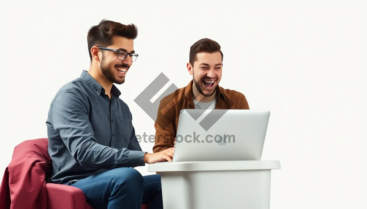 Picture of Happy businessman working on laptop in modern office.