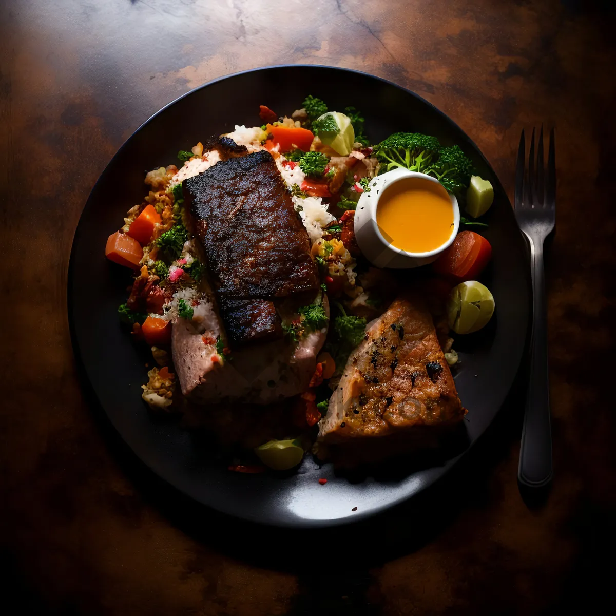 Picture of Gourmet black pepper steak with grilled vegetables dish.