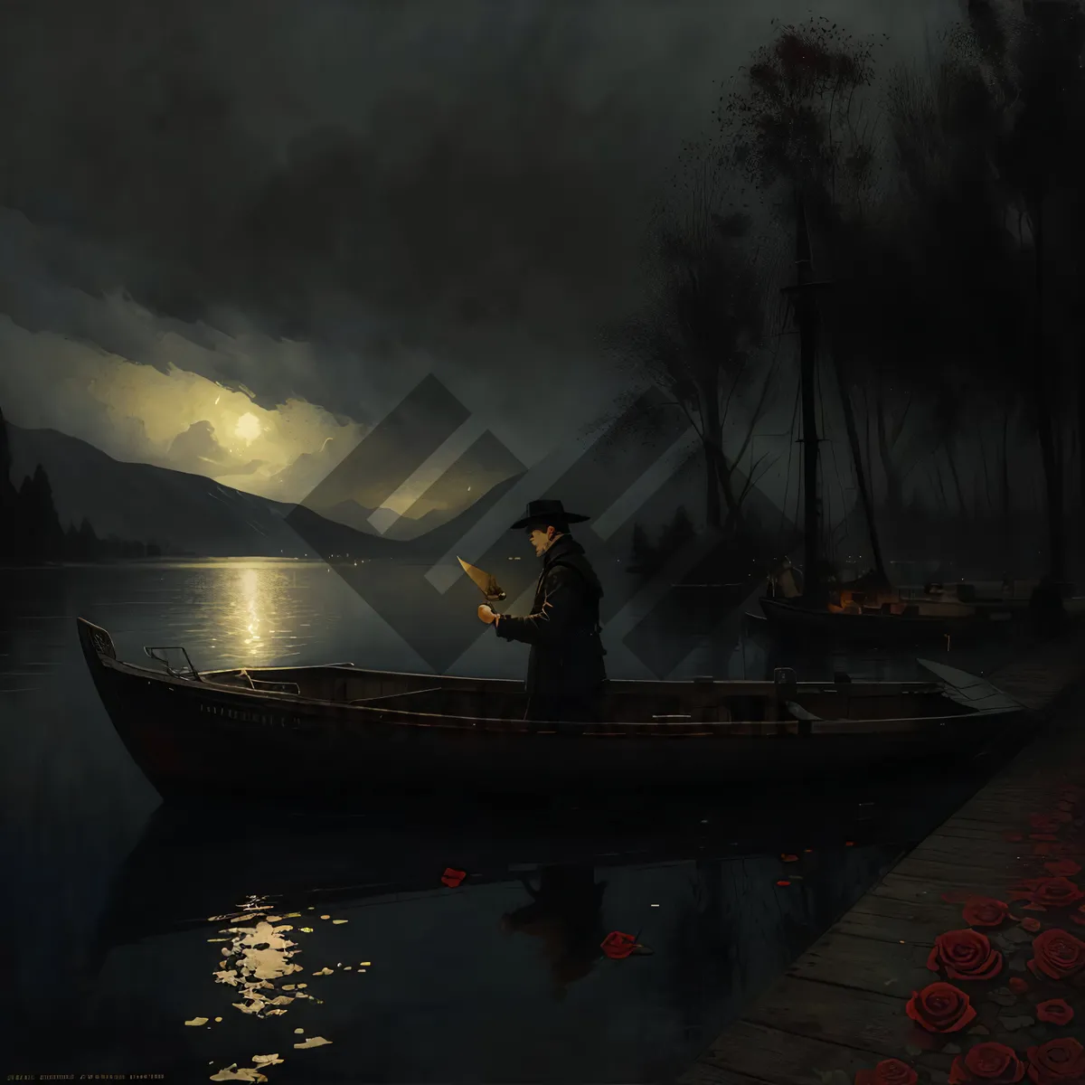 Picture of Silhouette of a grand piano under sunset sky.