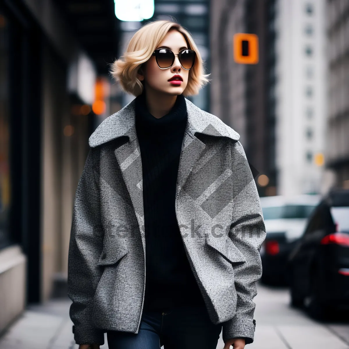 Picture of Fashionable Businesswoman in Sunglasses Smiling Happily