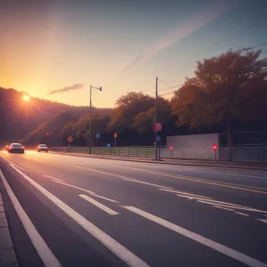 Fast Lane Intersection: Roadway with Traffic and Clear Sky