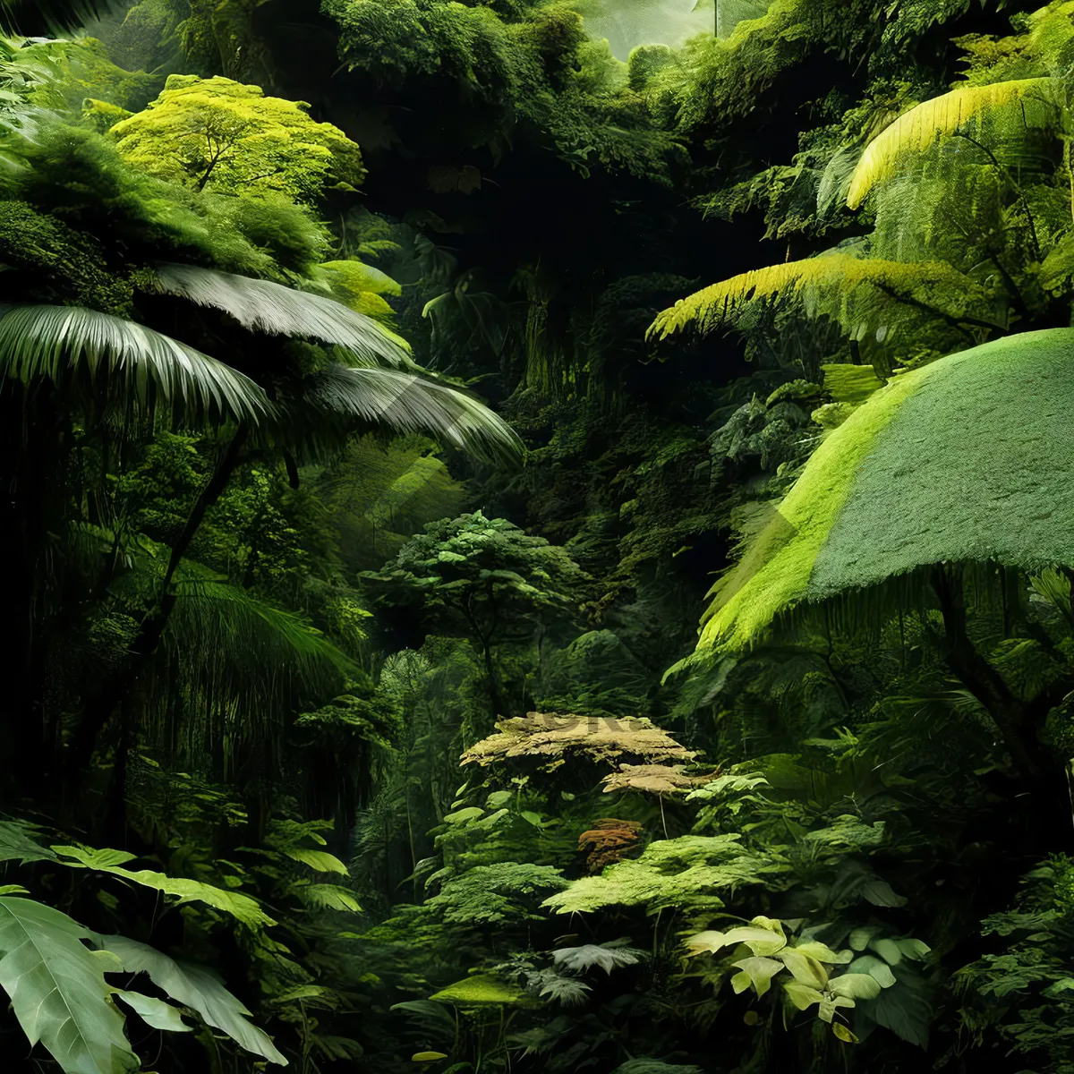 Picture of Tropical Jungle Canopy: Lush Foliage Surrounded by Towering Trees