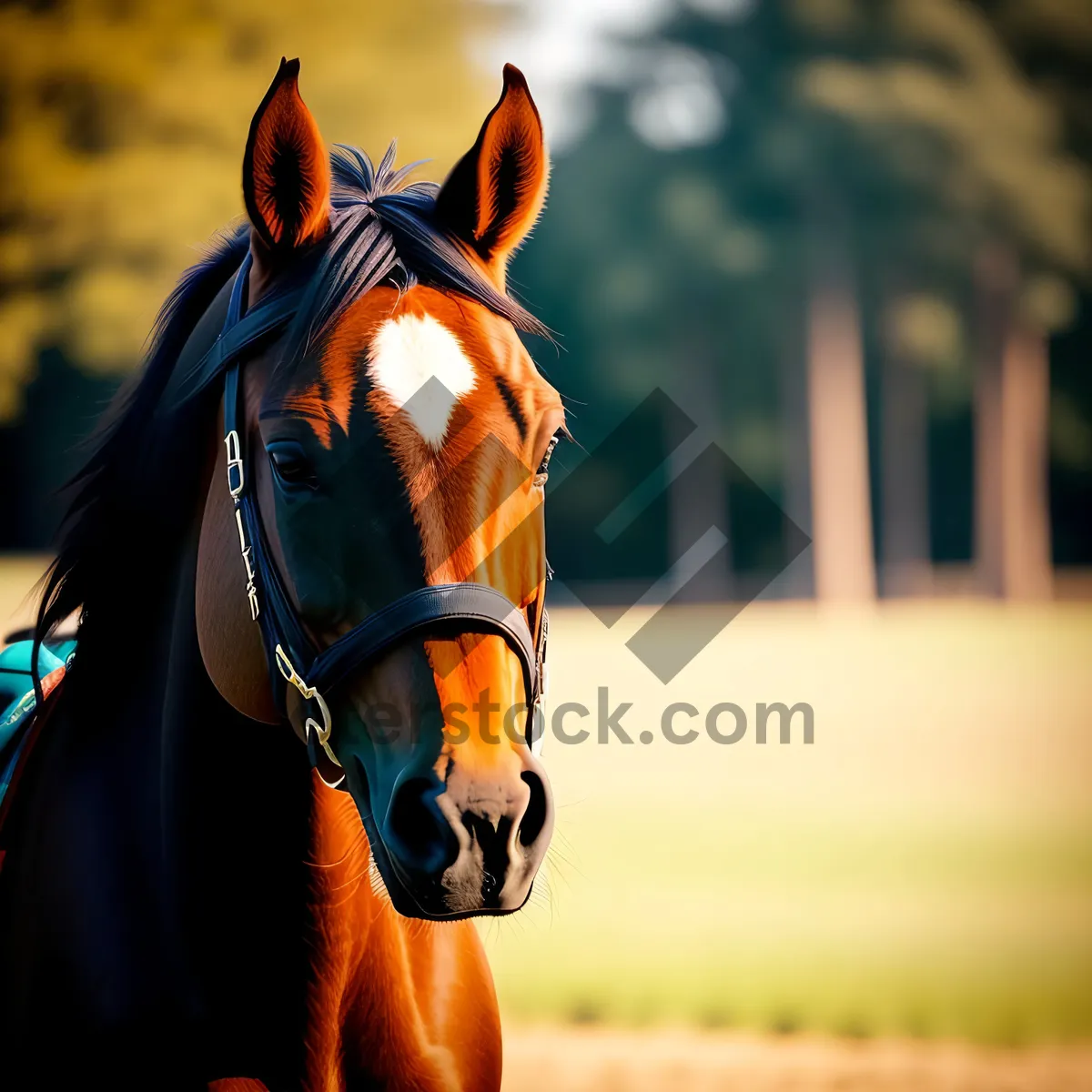 Picture of Thoroughbred Stallion Galloping in a Rural Field