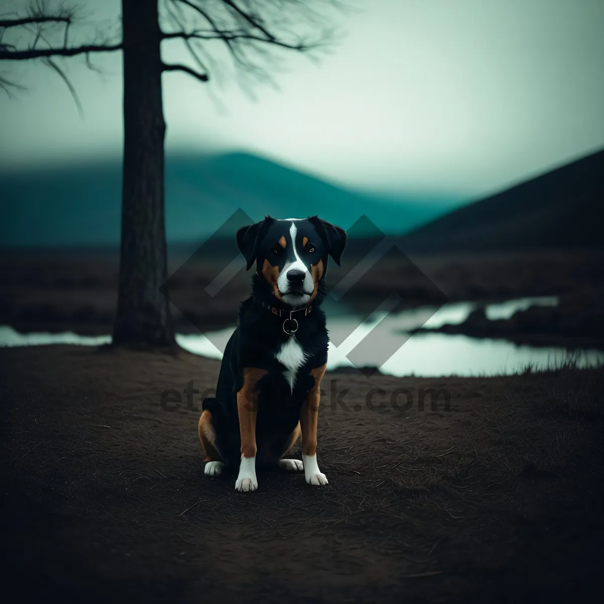 Picture of Adorable black Swiss Mountain dog puppy with a friendly demeanor