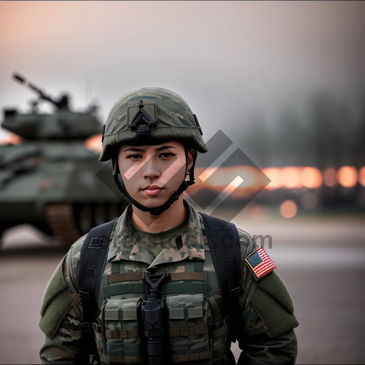 Picture of Happy Soldier Wearing Bulletproof Vest and Helmet