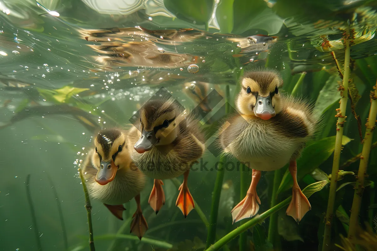 Picture of Young duckling swimming on peaceful lake.