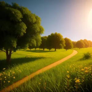 Idyllic Spring Countryside Landscape with Yellow Rapeseed Fields.