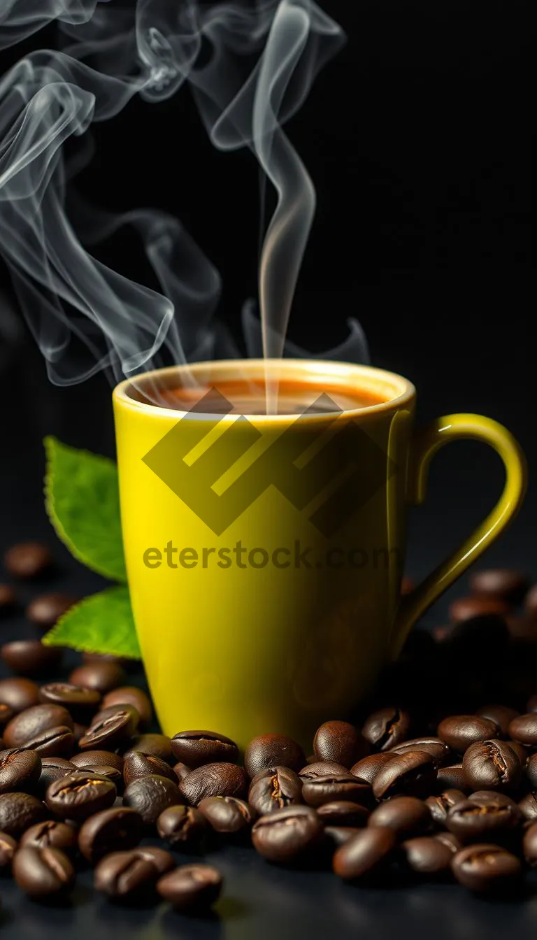 Picture of Hot coffee cup on black table.