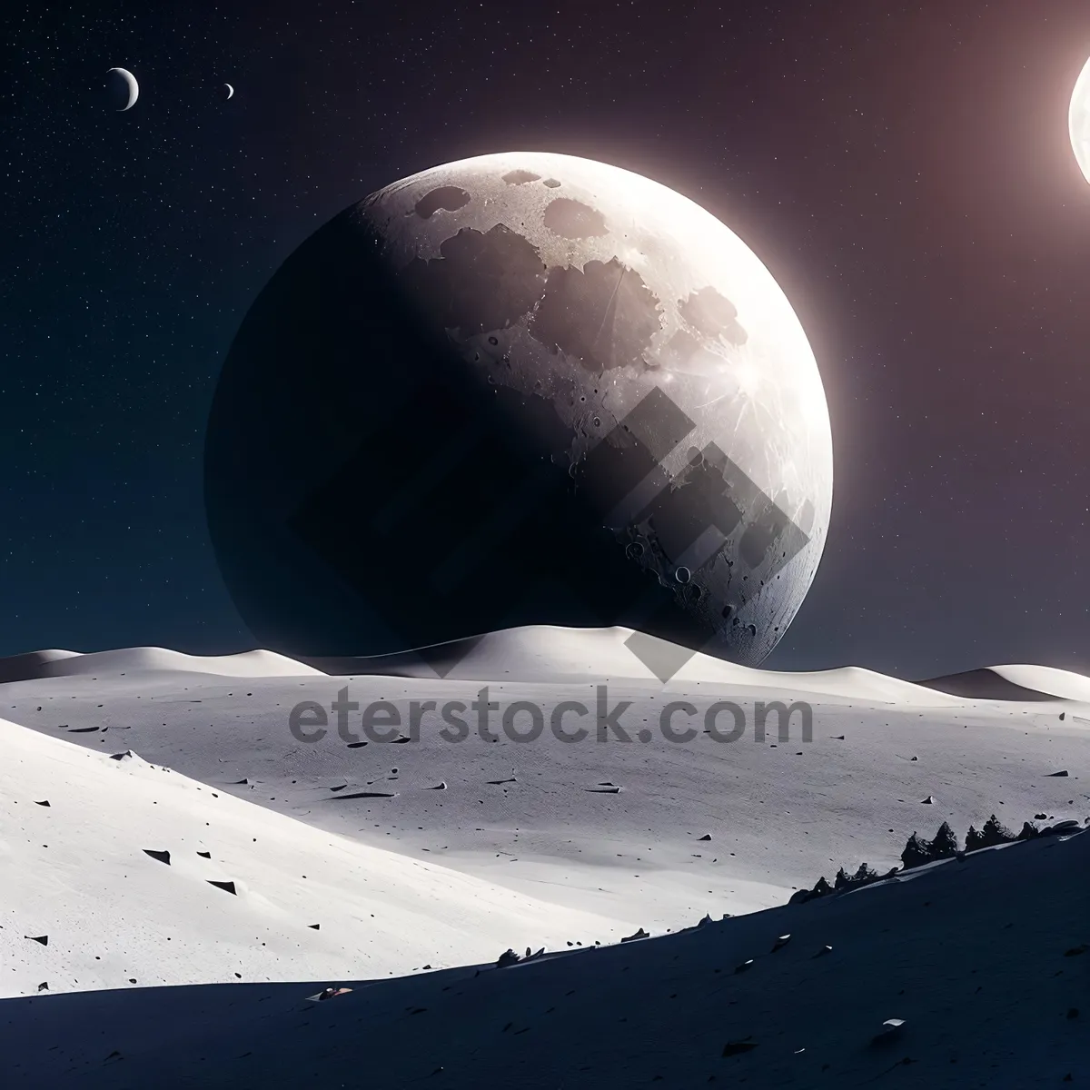 Picture of Dark Moonlit Fantasy Landscape in Space with Stars