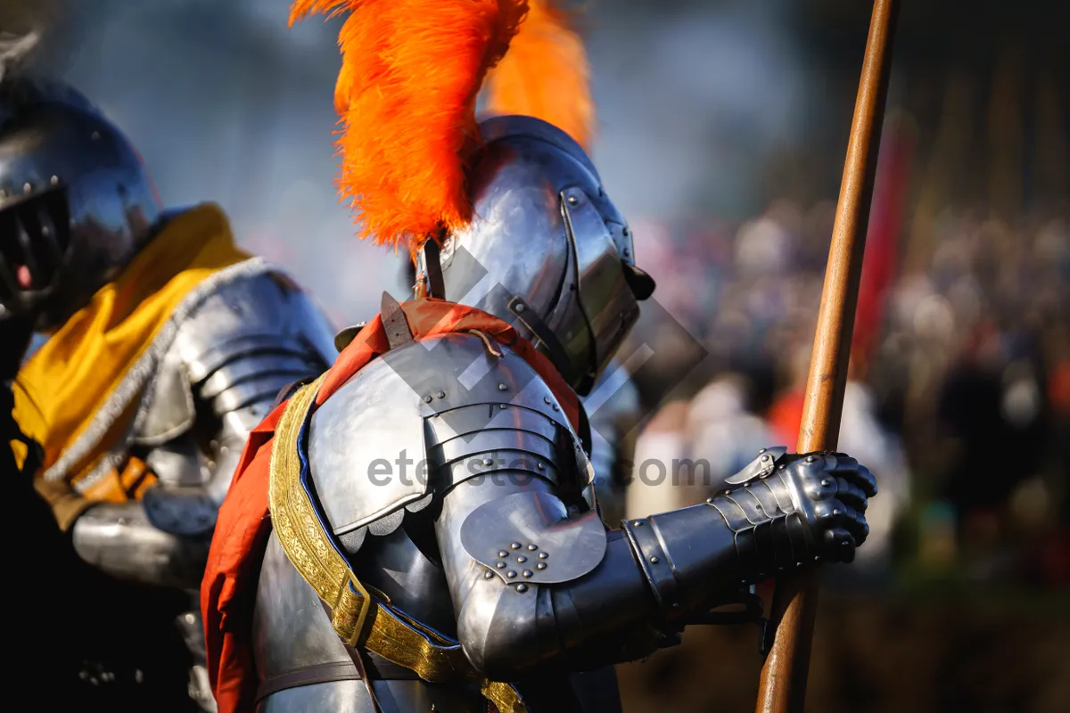 Picture of Medieval soldier wearing protective armor and holding sword.