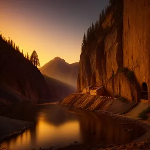 Serene Sunset over Majestic Mountain Landscape