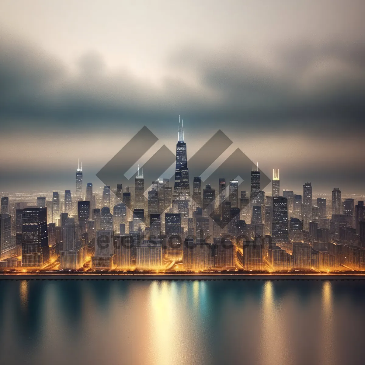 Picture of Nighttime City Skyline Reflection over River